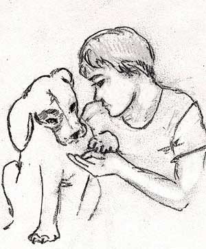 Boy sitting with his dog by Susan Fluegel at Grey Duck Garlic